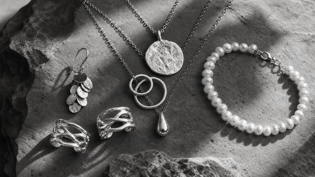 Element-inspired sculptural jewellery styled in monochrome editorial photography.