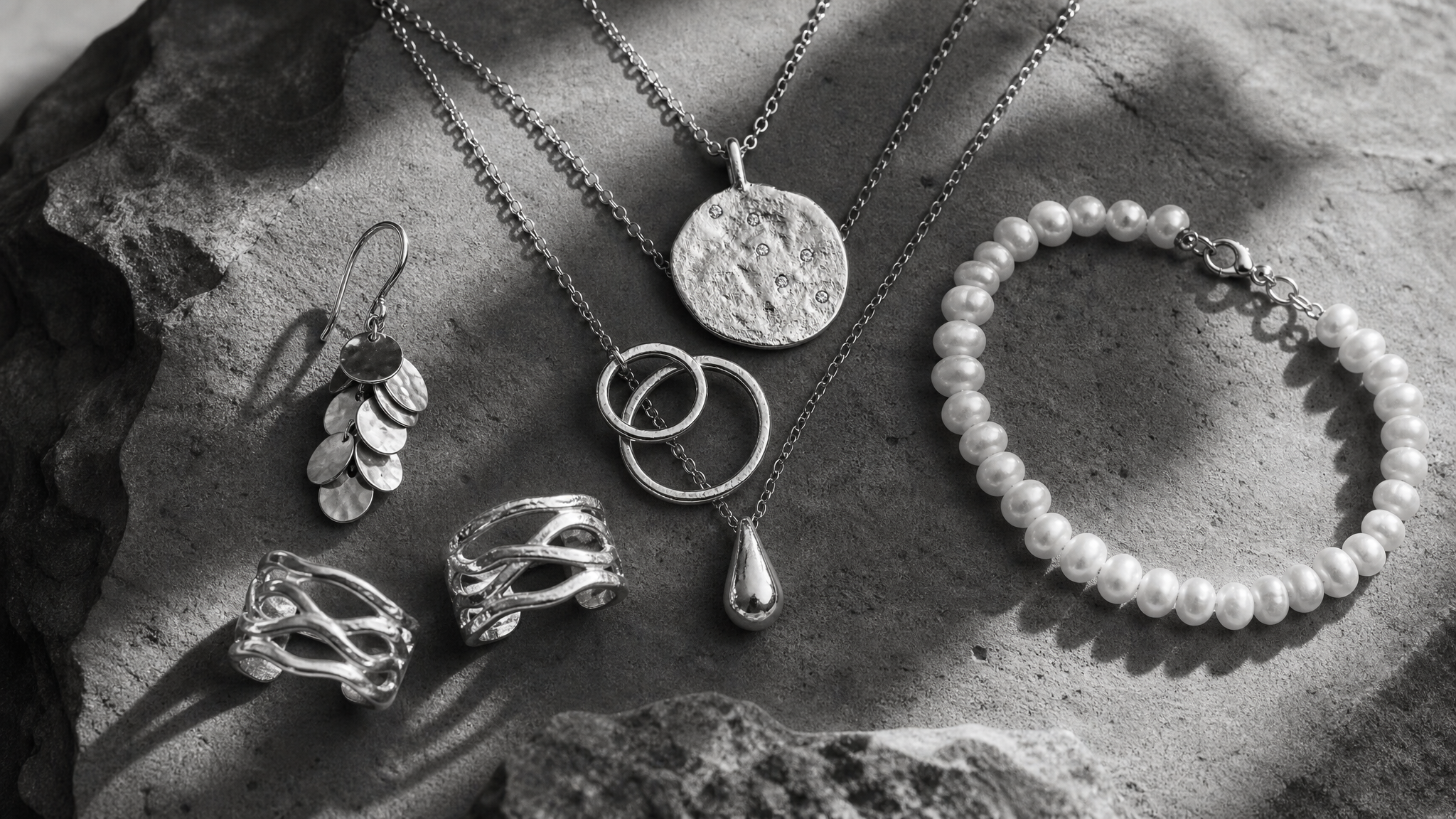 Element-inspired sculptural jewellery styled in monochrome editorial photography.