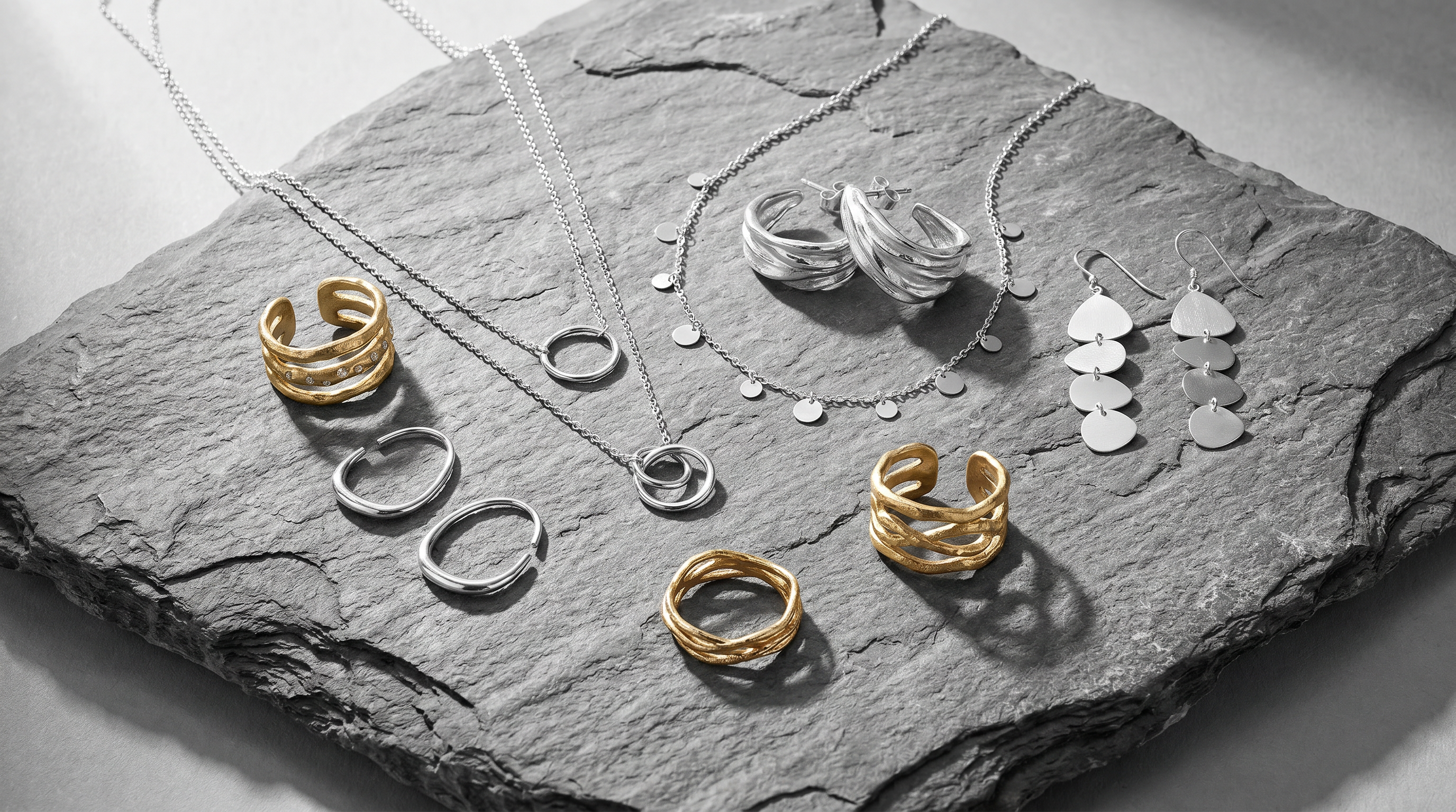 Minimal everyday jewellery capsule styled in black and white.