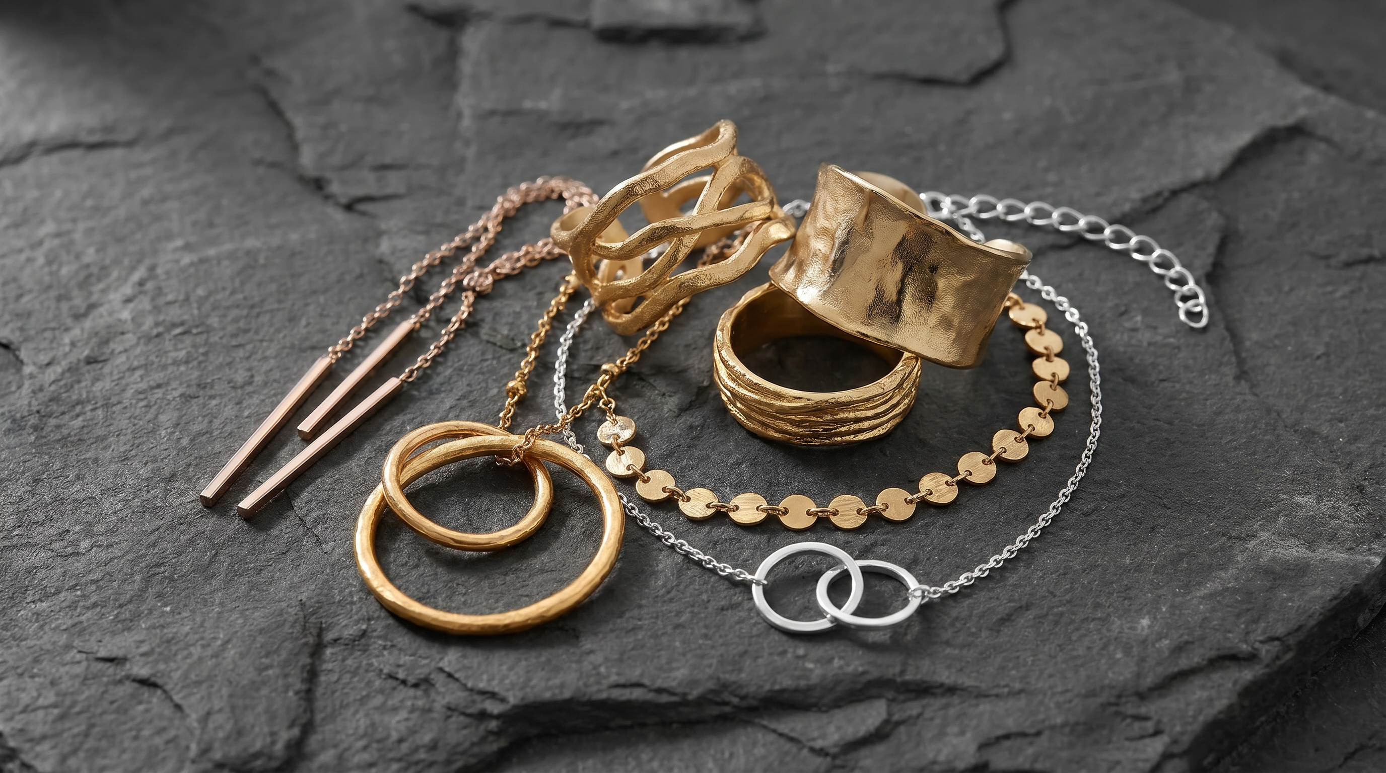 Layered sculptural jewellery styled in monochrome editorial photography.
