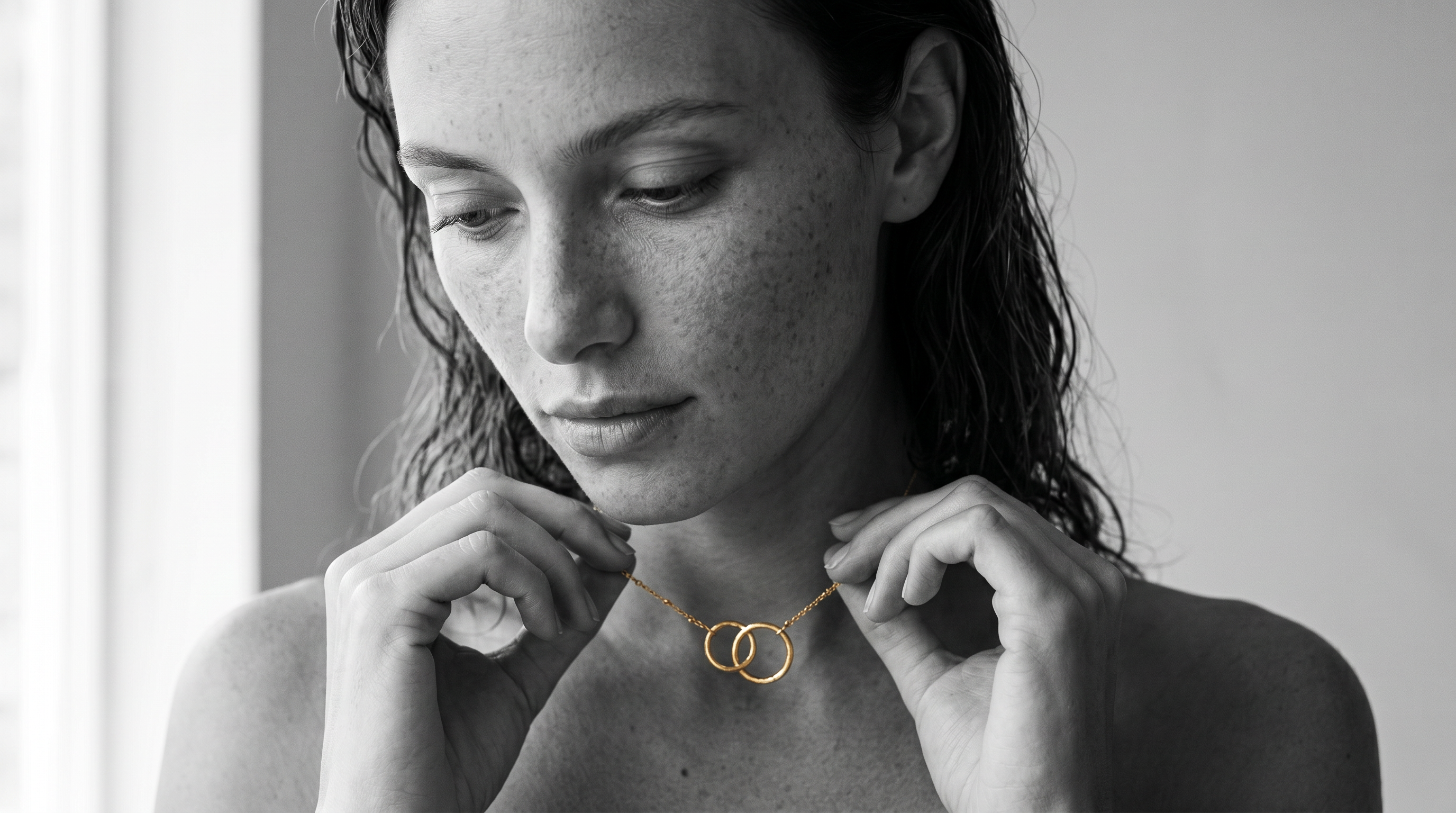 Woman wearing a meaningful everyday necklace in black and white editorial photography.