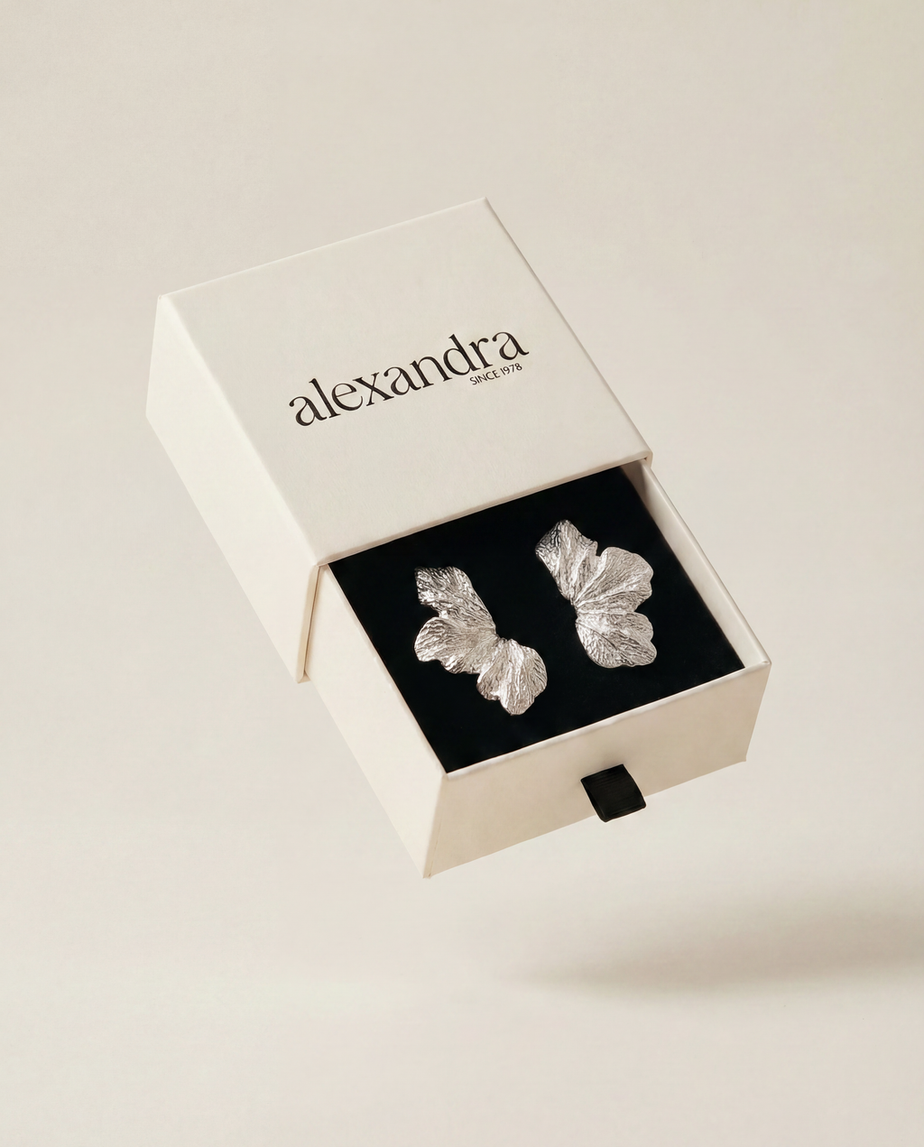 Silver butterfly earrings in a 'alexandra' branded box on a light background