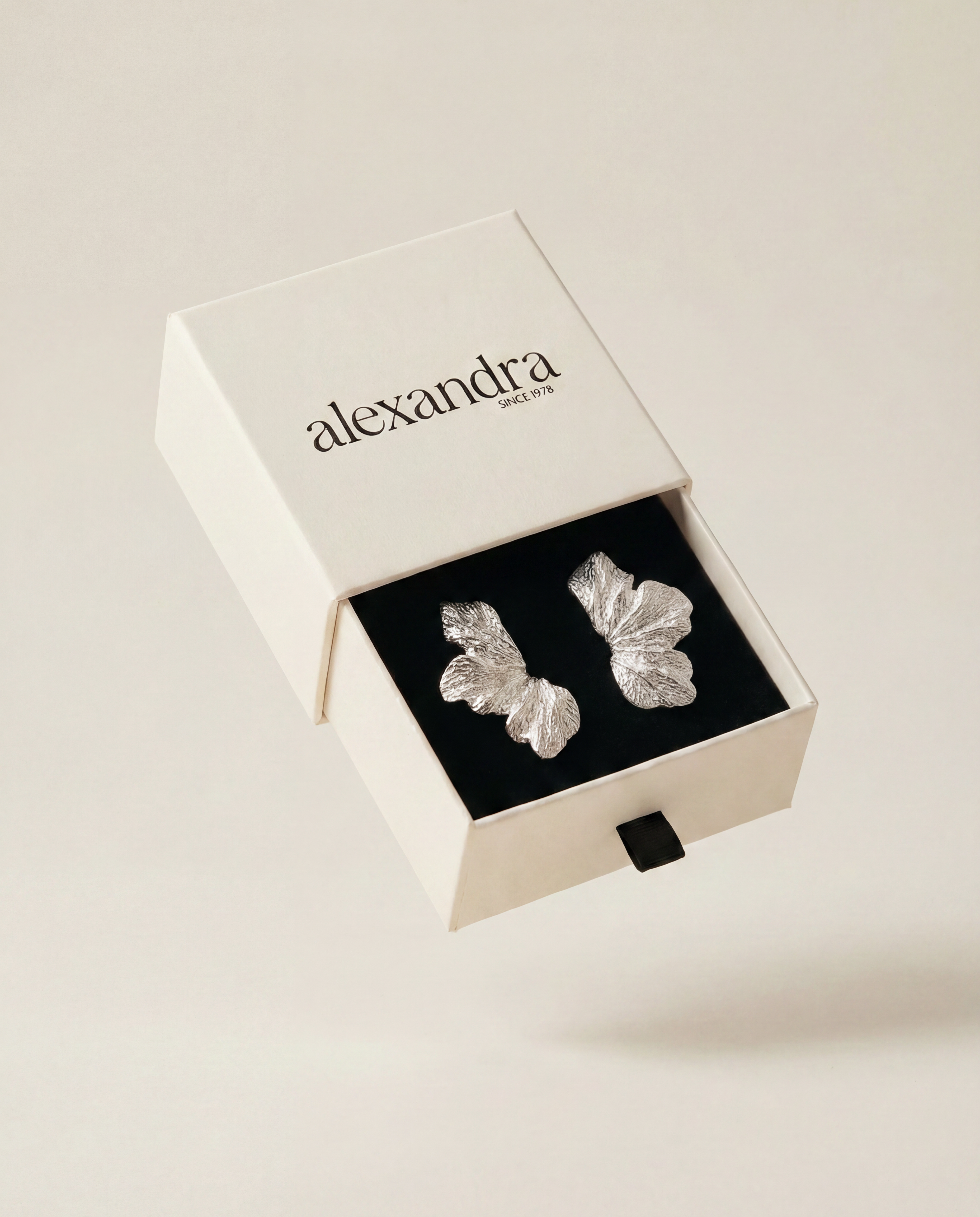 Silver butterfly earrings in a 'alexandra' branded box on a light background