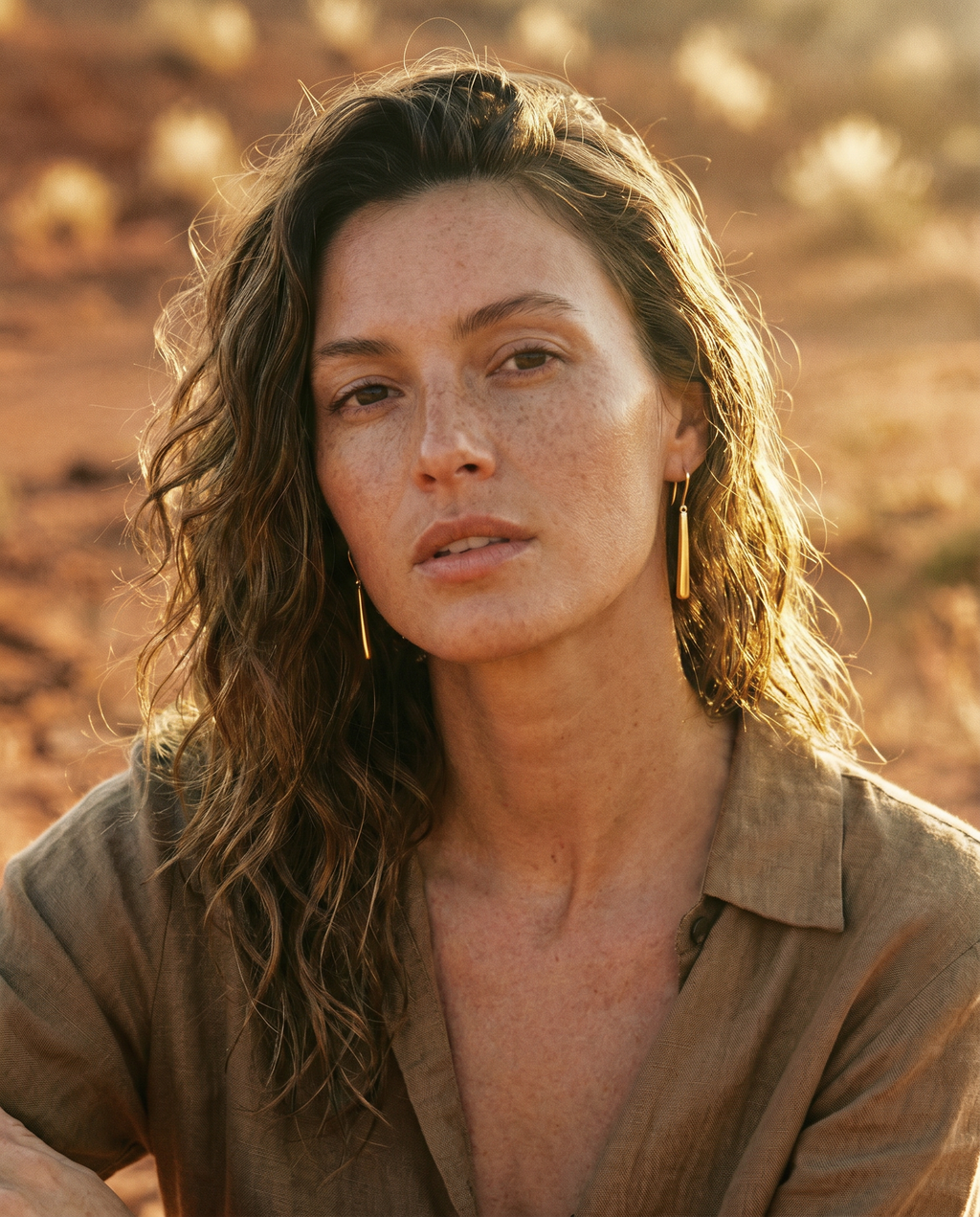 Natural model wearing refined gold drop earrings on a blurred Australian outback background
