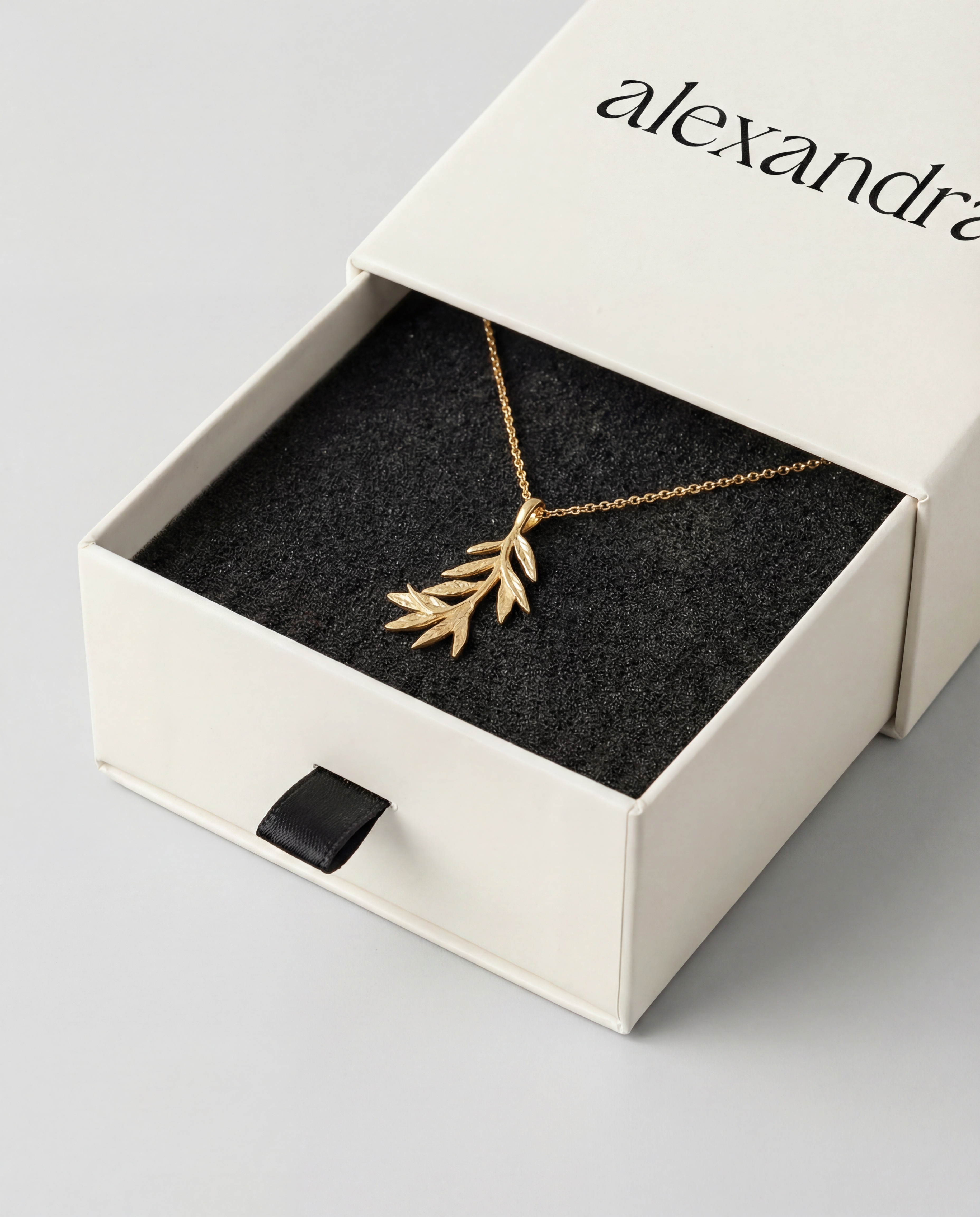 Delicate gold necklace in an open jewellery box with 'alexandra' branding.