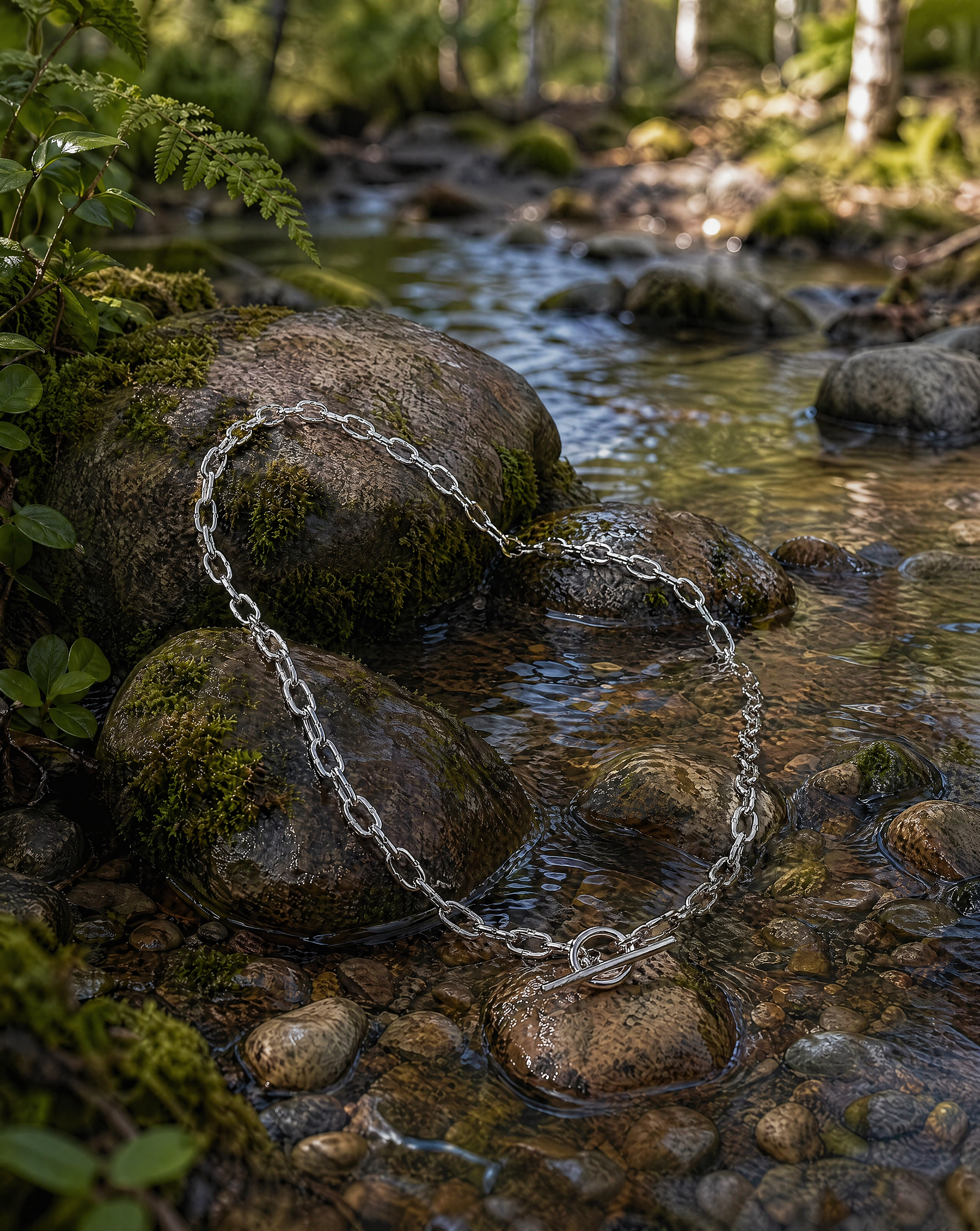 Sculptural Silver chain draped over rocks in a forest stream