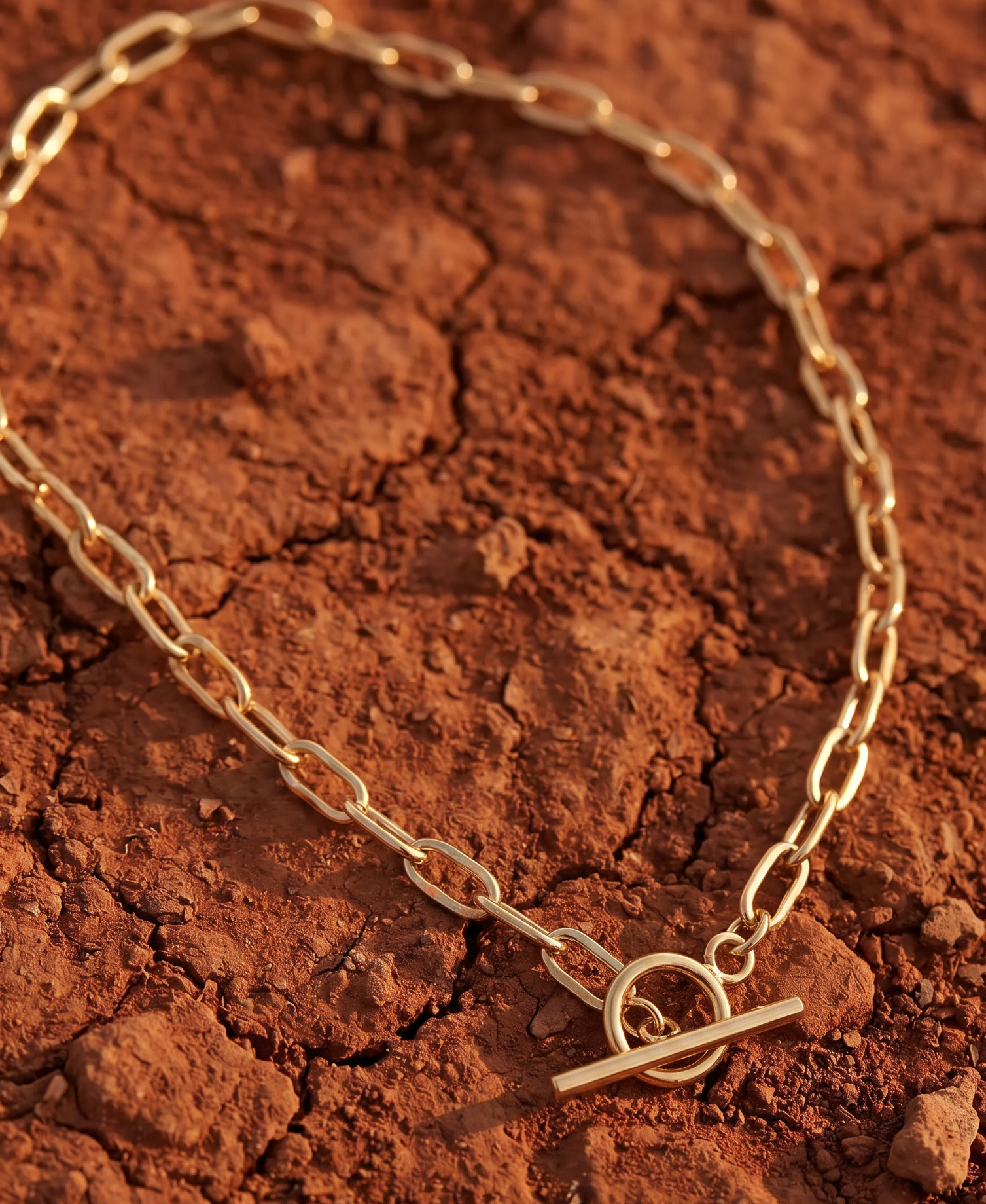 Luxury Gold chain necklace on a textured red earth surface