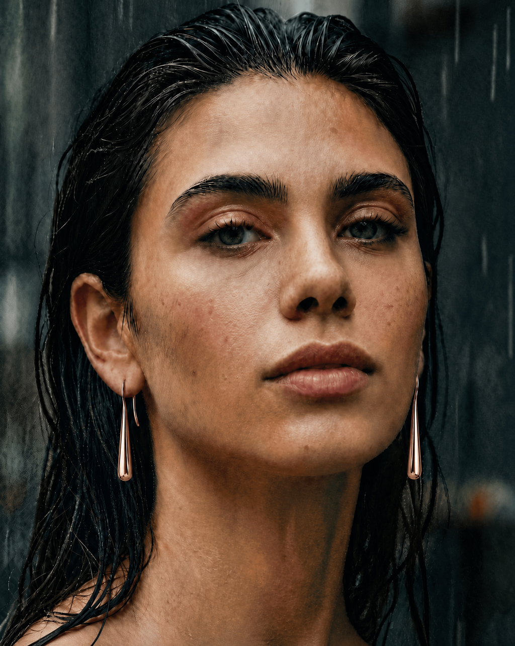 Woman with wet hair wearing refined rose gold earrings standing in rain