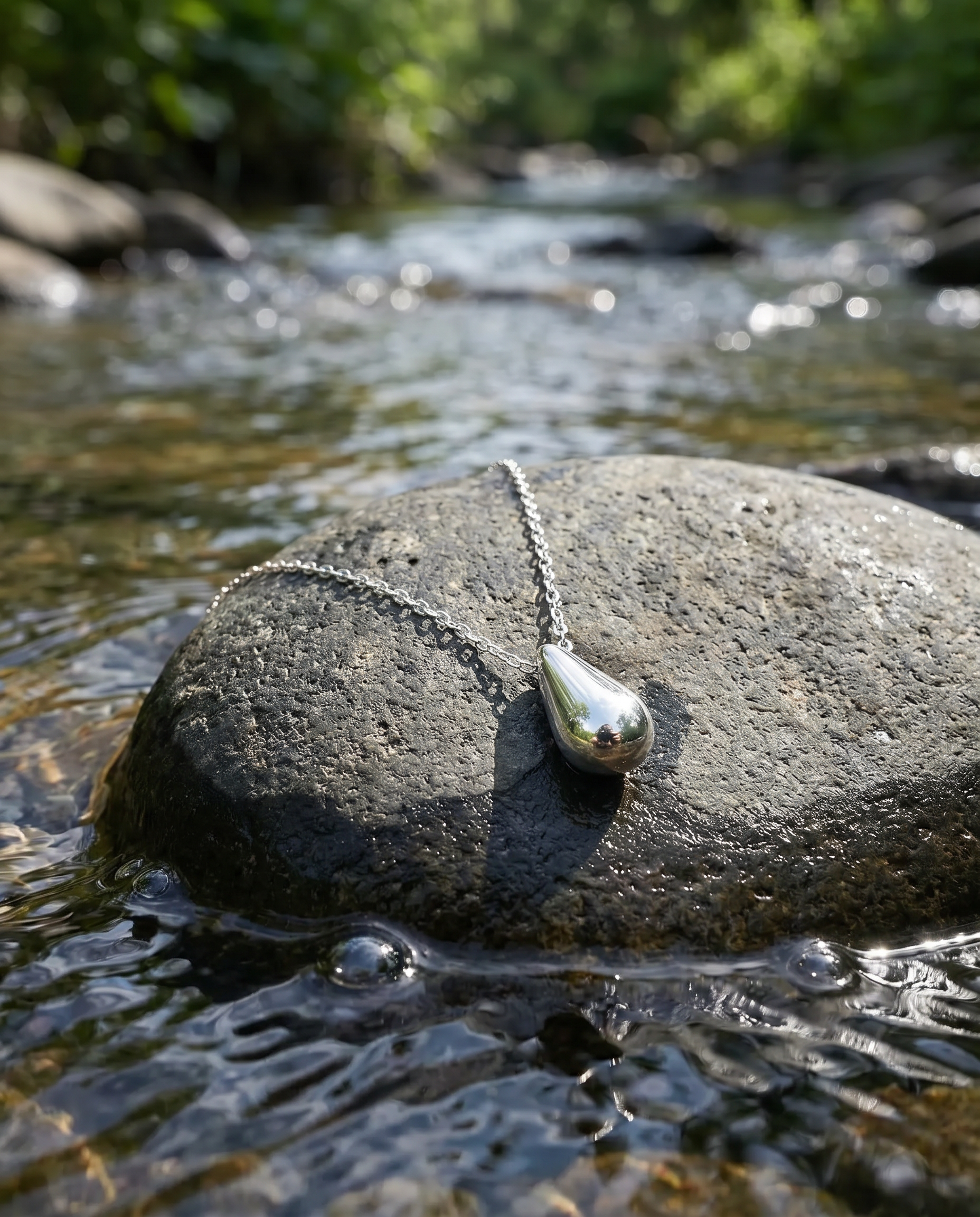 Contoured Silver tear drop pendant on a stone in a stream with greenery in the background 