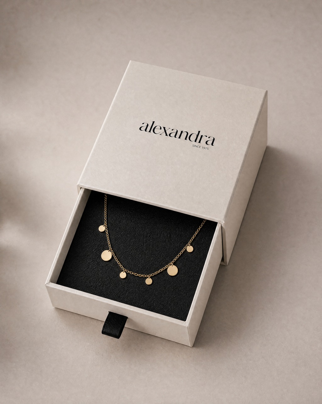 Delicate disc pendant Gold necklace in an open 'alexandra' jewelry box on a beige background