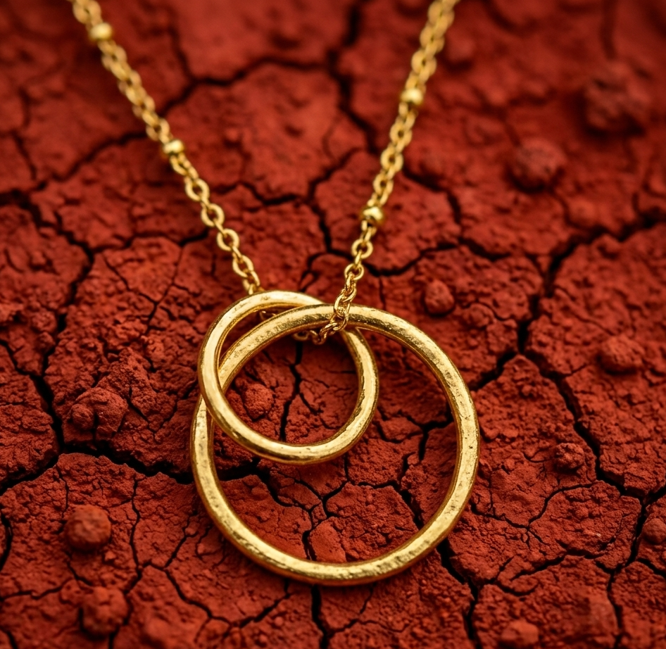 Sculptured Gold necklace with interlocking rings on a cracked red earth surface