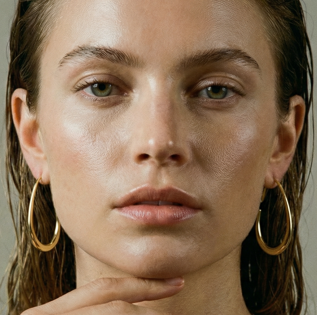 Close-up of a woman wearing delicate gold hoop earrings with a neutral background