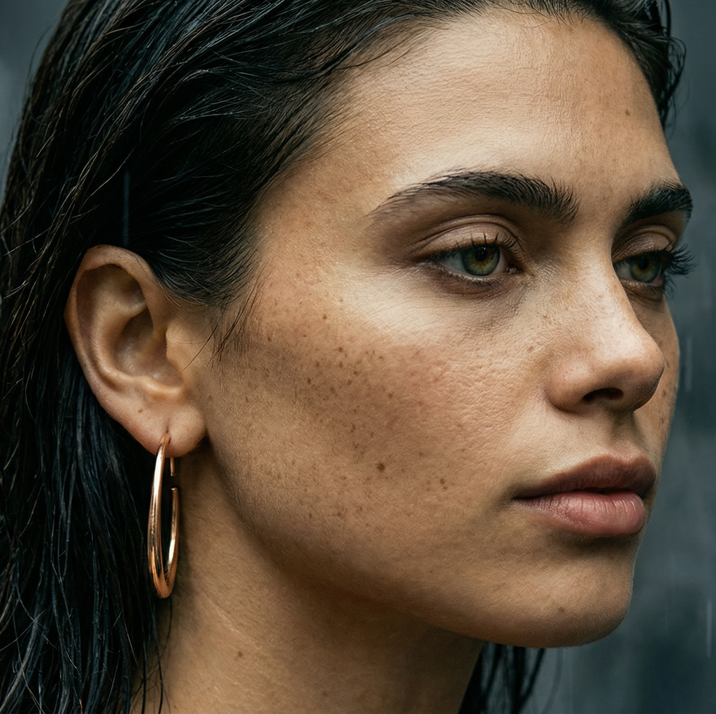 Close-up of a woman with a delicate rose gold hoop earring against a blurred background