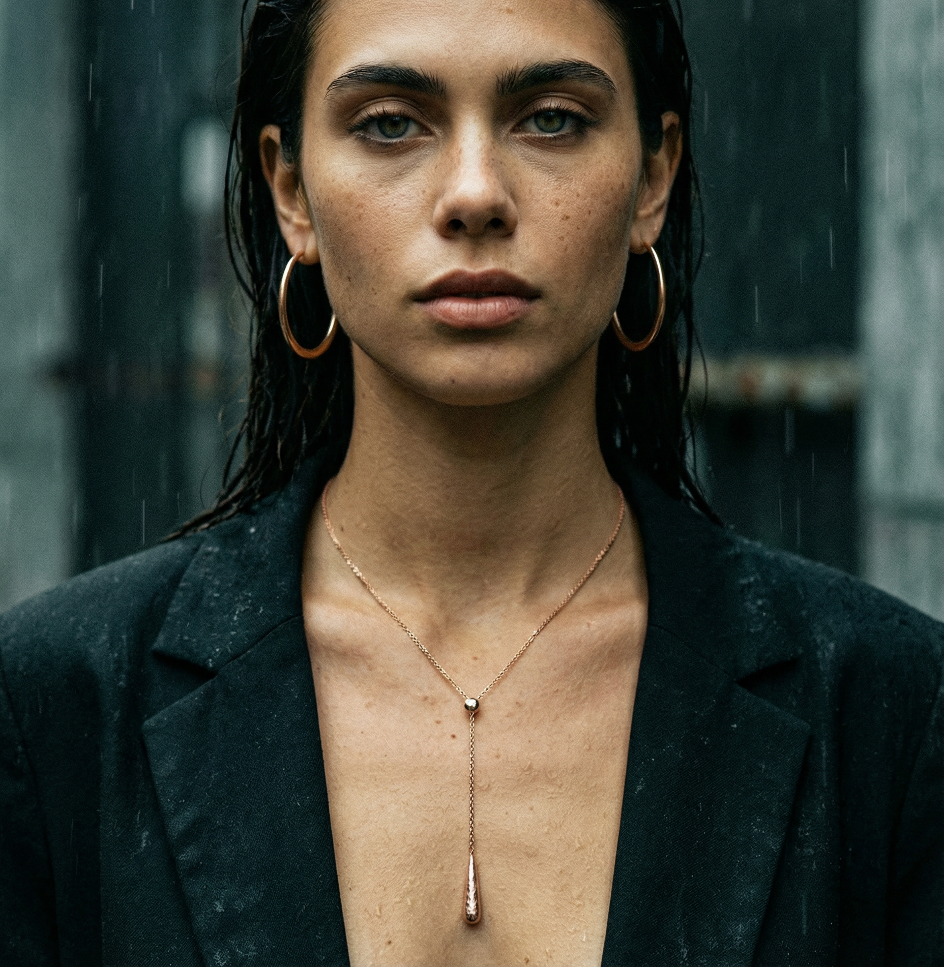 Woman wearing a black blazer and a rose gold necklace, sculptured jewelry in a rainy setting