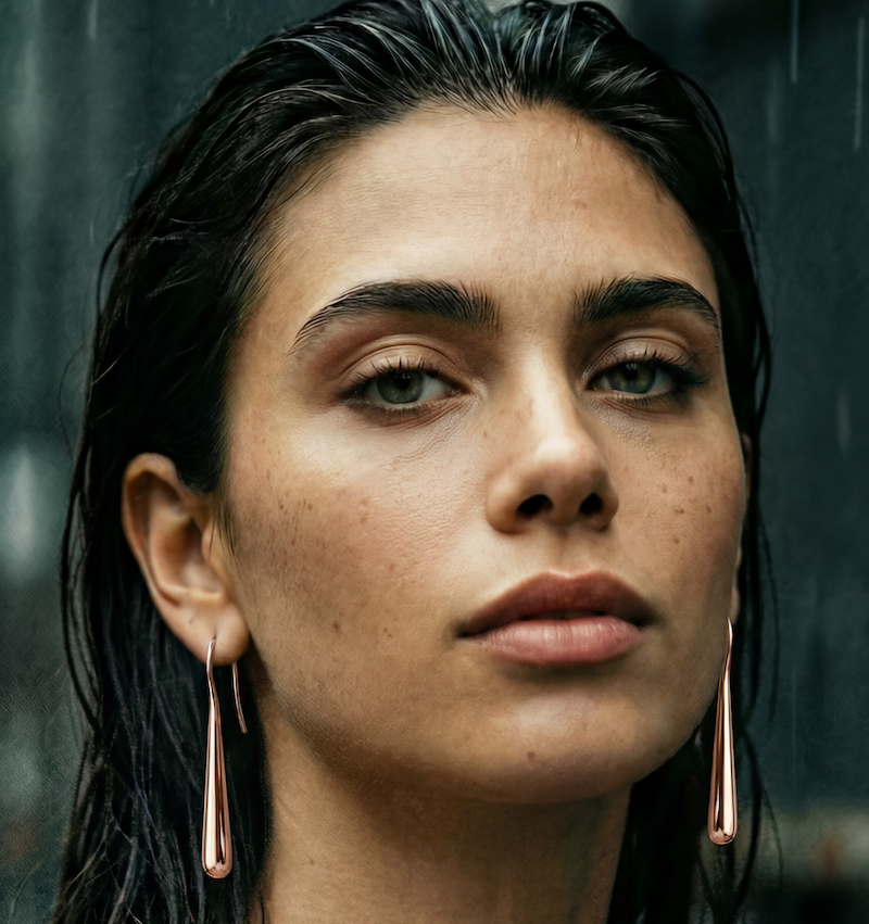 Close-up of a woman with wet hair and rose gold earrings against a blurred background